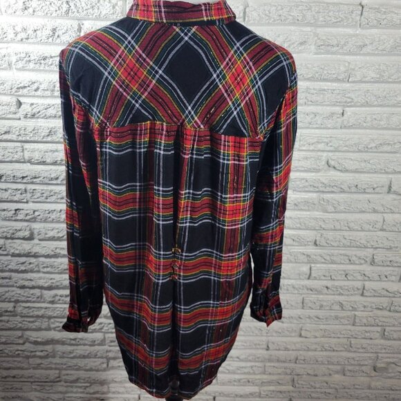 Maurices Womens Top Extra Large XL Long Sleeve Red Plaid Metallic Thread PLA145E - Picture 6 of 9